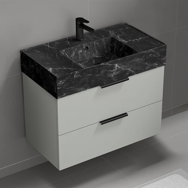 Nameeks DERIN876 Wall Mounted Bathroom Vanity With Black Marble Design Sink, Modern, 32 Inch, Grey Mist